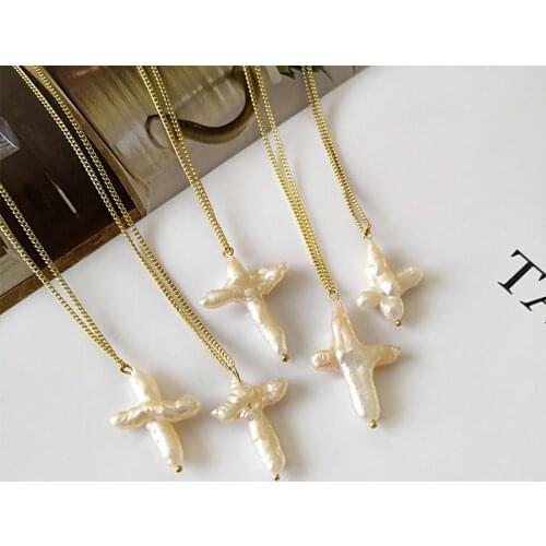 Gold Color Chain Freshwater Pearl Necklace Irregular Geometric Real Pearl Cross Necklaces Pendant Stylish Necklace for Women