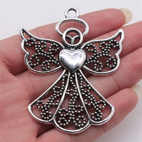 1Pcs 54x68mm Angel Charms Hand Made Jewelry Accessories For Jewelry Making Antique Silver Color Alloy Pendant Charms