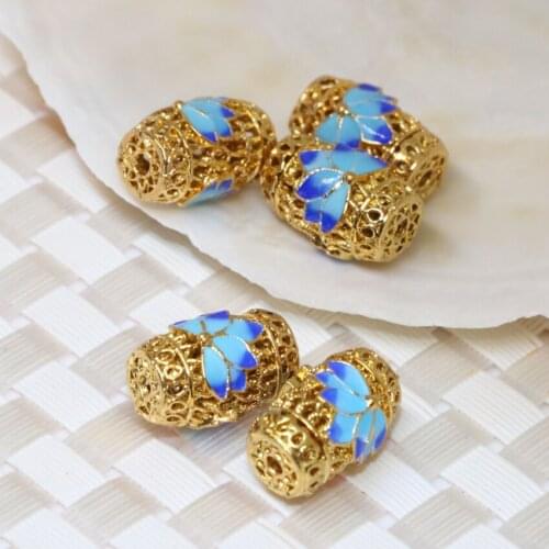 10*15mm 5pcs charms cloisonne beads barrel rice shape carved blue flower gold-color accessories spacers jewelry making B2385