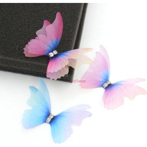 100PCS 4.3cm Gradient Organza Butterflies w/ Rhinestone Handmade Butterfly Accessory for Wedding DIY Jewelry Making