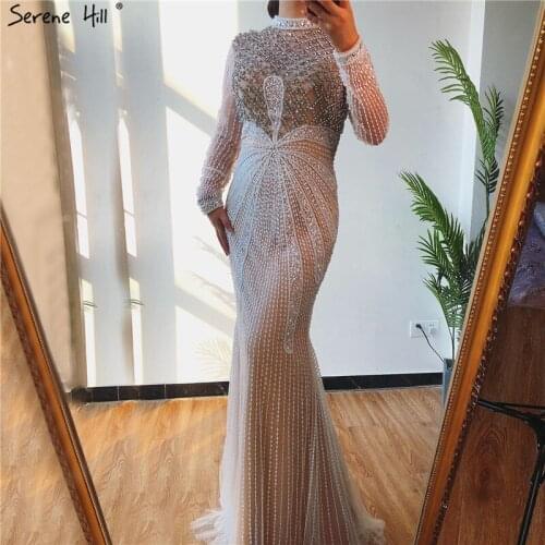 2020 Luxury White Nude Mermaid Evening Dresses Gorgeous Arabic Long Sleeves Diamond Beading Formal Dress Serene Hill BLA70274