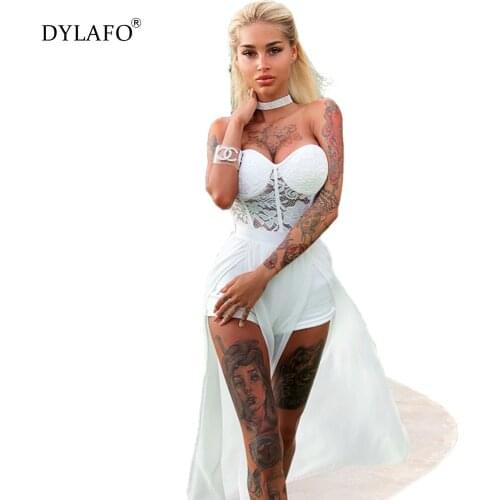 2021 Sexy Strapless Lace Jumpsuit Women Elegant Off Shoulder See Through Shorts Playsuit Night Clubwear with Skirt Overalls