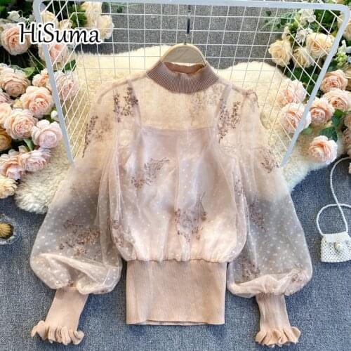 2021 spring new female half high neck lantern sleeve embroidery knitted with mesh shirts women elegant waist blouses chic shirt
