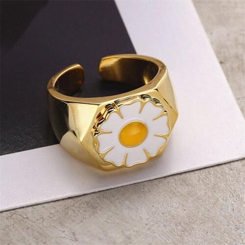 2021Hot sale Sun Flower Frangipani Wide Face Simple Creative Glaze Open Ring women Student Best Friend Party Gift Tibetan Silver