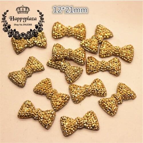 50pcs 12*21mm Golden Bling Resin Dotted Bow Rhinestone Flatback Cabochon DIY Wedding Decoration Craft