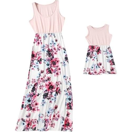Baywell Summer Mother Daughter Dresses Sleeveless Floral Print Beach Dress Mommy Baby Kids Girls Clothes Family Match Outfits