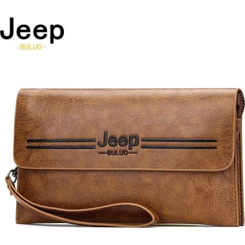 JEEP BULUO Brand Clutches Bags Mens Handbag For Phone High Quality PU Black Pen Wallets Male Long Brown Card Slots New Bag