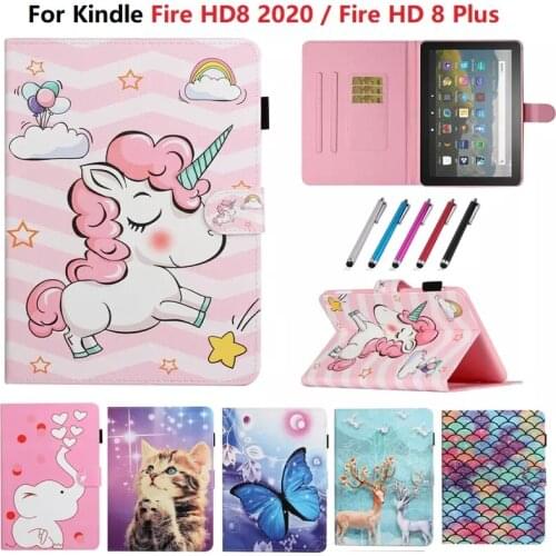 Kawaii Unicorn Cat Tablet Funda For Amazon Kindle Fire HD8 2020 Case PU Leather Cover For Kindle Fire HD 8 Plus Case 10th Gen