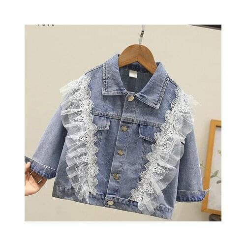 Childrens Clothing Jacket Korean Style Girls Denim Jacket Autumn 2021 New Childrens Jacket Kids Girls Mesh Patchwork Coats
