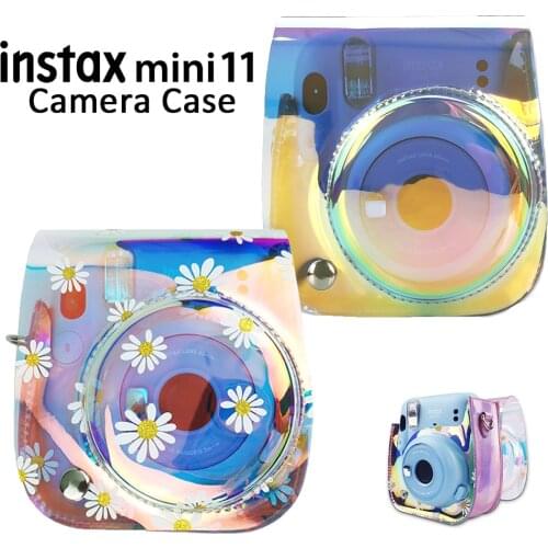 For Fujifilm Instax Mini 11 Instant Film Camera Bag PVC Cover Shell with Shoulder Strap Purple Sliver Daisy Pattern