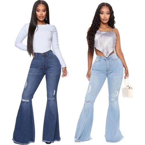 European and American womens fashion all-match knee hole wide-leg mother jeans flared pants
