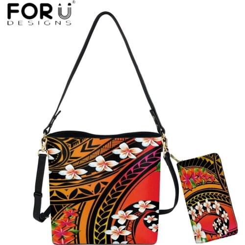 FORUDESIGNS Hawaiian Polynesian Tribal Floral Pattern Brand Designer Women Bucket Bag And Wallets Leather Handbag Crossbody Sac