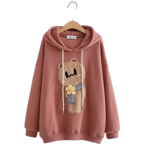 Kawaii Fashion Style Loose Cute Cartoon Drawstring Hooded Warm Plus Velvet Sweatshirt Women Hoodies Girl Pullovers 2010256