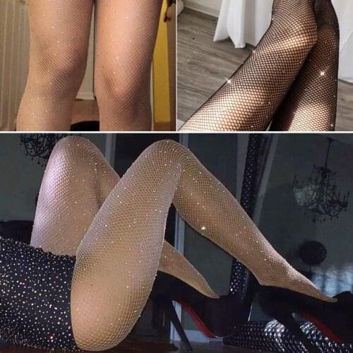 2021 NEW Womens Glitter Fishnet Tights Open Crotch Mesh Pantyhose Shiny Rhinestone Lady Tights Nylons Socks Club Stockings