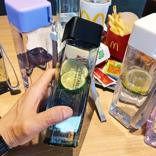 Square Plastic Water Bottle 480ml Portable Drink Bottle Outdoor Transparent Bottle Fruit Juice Seal up Bottle School Student Cup