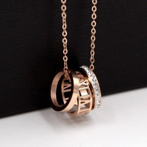 Fashion Rose Gold Color Love Tricycli Circle Hoop Roman Numerals Crystal Pendant Necklace Stainless Steel Women Party Gift