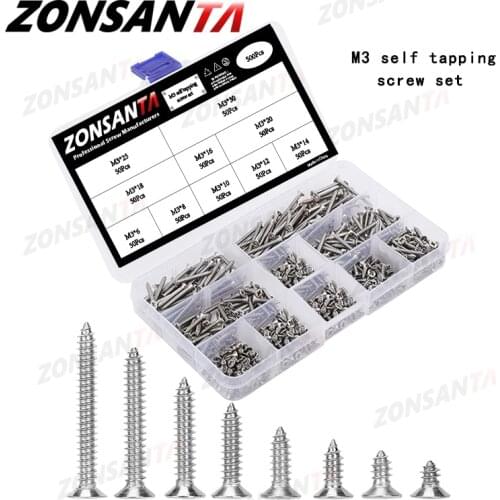 ZONSANTA 500Pcs M3 Tapping Cross Flat Head Self Screw Assortment Kit Wood Thread Nail Screw Sets Countersunk Head Fiber Screws