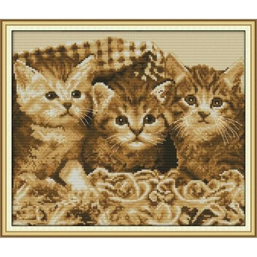 NKF Three Little Kitten Animal Cross Stitch Kits 11CT 14CT Chinese Cross Stitch Pattern Embroidery Needlework Set for Home Decor