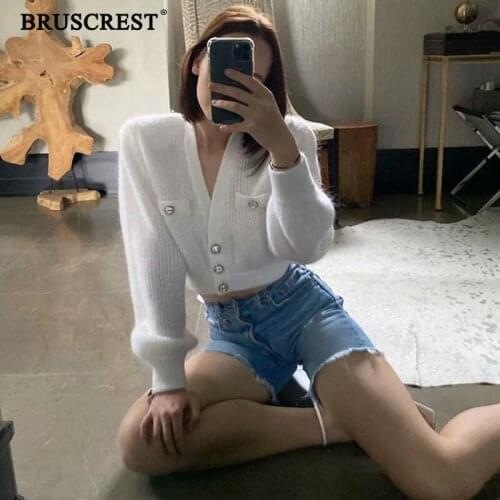 Fall Cropped cardigans women vintage cardigan crop top long sleeve button up top kawaii woman sweaters korean v neck