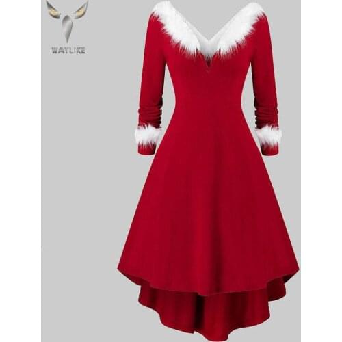 WAYLIKE Miss Christmas Long-Sleeved Plush High and Low Deep V Big Swing Dress Christmas Dress Adult Dress Christmas Winter Red