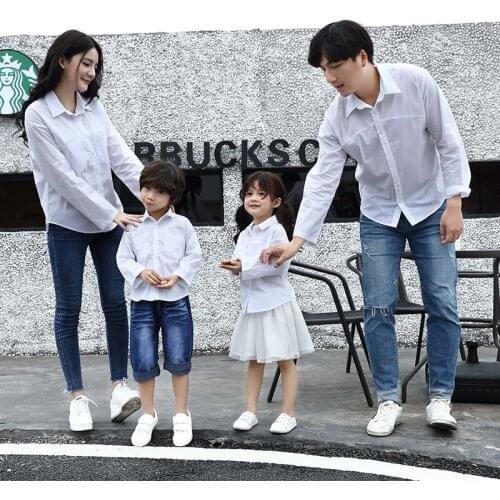 Family Matching Clothes Dad Son Long Sleeve White Shirt Mother Daughter Girl Turn-Down Collar Blouse Family Solid Color Clothing