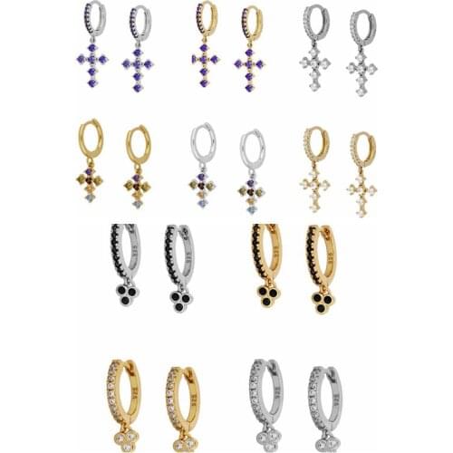 925 Silver Ear Buckle Bohemia Cross Flower Colorful Crystal hoop Earring Set Piercing Ohrringe CZ Pave Pendiente Women Jewelry