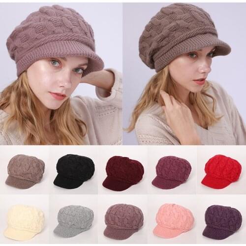 Hat For Girl Women Winter Twist Knitted Hat Velvet Thick Warm Beret Flat Brim Visor Ski Cap Womens Cowboy Hats Cap Female