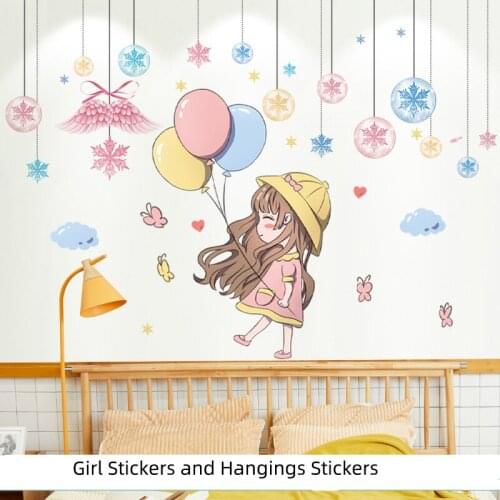 [SHIJUEHEZI] Cartoon Girl Balloons Wall Stickers DIY Snowflakes Hangings Mural Decals for Kids Rooms Baby Bedroom Decoration