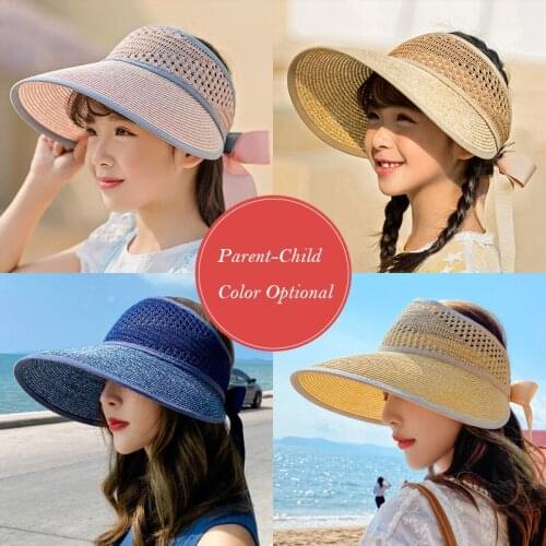 Parent-Child Summer Womens Sunhat Solid Color Sunscreen Breathable Velcro Bowknot Top Big Brim Beach Cap For Girl Kid Straw Hat