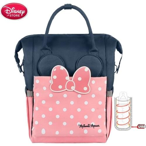 Disney Diaper Bag for Mom Nappy Bag USB Heating Bottle Warmer Minnie Disney Mummy Baby Bags Travel Backpack Waterproof Stroller