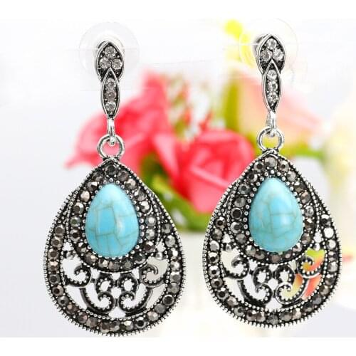 Sunspicems Vintage Bohemia Drop Earring for Women Hollow Flower Green Stone Antique Silver Color Indian Bridal Jewelry Gift