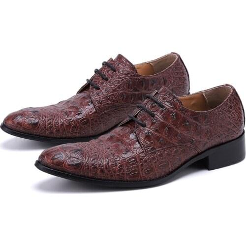Men Genuine leather Crocodile Shoes Formal Dress Classic Burgundy Mens Wedding Lace Up Pointed Toe Oxfords Sapato Masculino