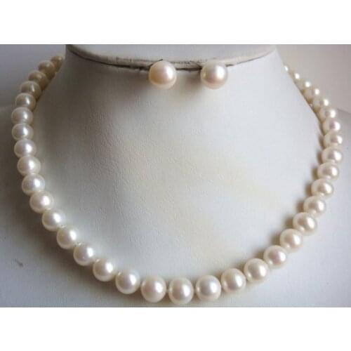 Unique Pearls jewellery Store 9-10mm White Freshwater Pearl Necklace Silver Stud Earring Jewellery Set Charming Women Party Gift
