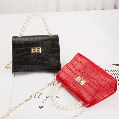 PU Leather Women Handbag Crocodile Pattern Small Square Bag Lock Chain Shoulder Bag Pearl Handle Bag Ladies Phone Purse Bolsas