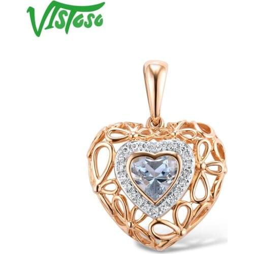 VISTOSO Gold Pendant For Women Genuine 14K 585 Rose Gold Radiant Sky Blue Topaz Sparkling Diamond Pendant Delicate Fine Jewelry
