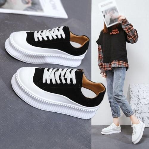 Womens Platform Sneakers, Casual White Sports Shoes, Korean Style Ulzzang Low-tops Lace-ups