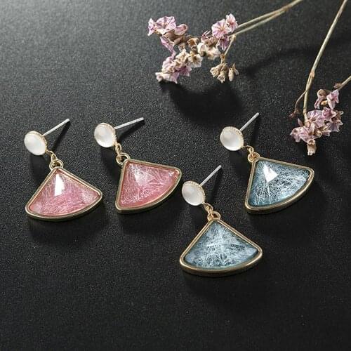 1 Pair Fashion rounded color metal geometry stud earrings Creative Exquisite Opals Geometric Fan Ear Studs Women Jewelry Gift