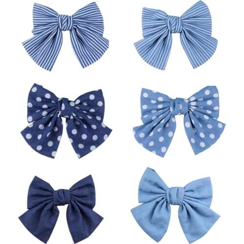 Women Girls Vintage Soft Solid Denim Bow Barrette Big Size Lovely Bowknot Hair Clips Hairpin Blue Denim Headwear