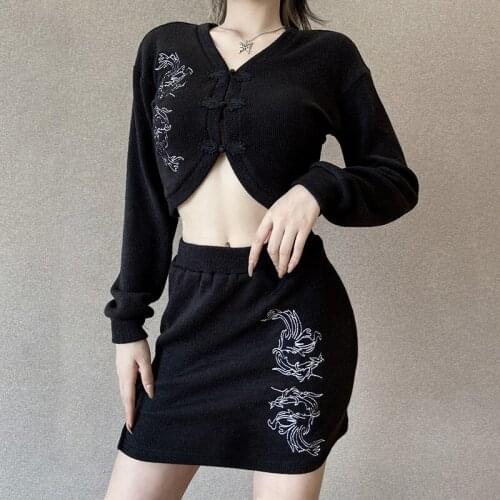 Gothic Dark Angel Lolita Girl Tops Skirt Suit Elegant Retro Woman Evil Dragon Embroidery Punk Girl Split Sexy Slim Top Skirt Set