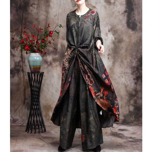Women Loose Spring Sumer Irregular Length Tops+Elastic Waist Wide Leg Pants Suits Ladies Print Sets Female Suits