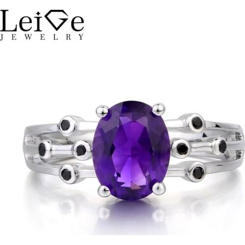 Leige Jewelry Natural Amethyst Ring Wedding Ring February Birthstone Oval Cut Purple Gemstone 925 Sterling Silver Ring Gifts