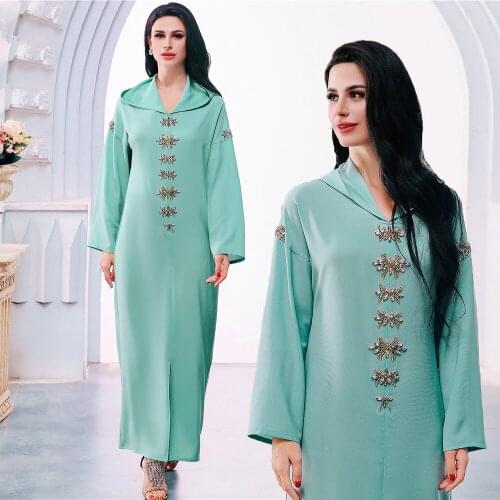 Eid Luxury Diamond Beaded Dubai Turkey Arabic Muslim Islamic Ethnic Clothing Plus Size Long Sleeve Hooded Maxi Dress for Women
