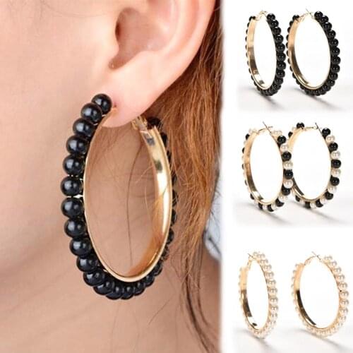 1 Pair Fashion Earrings Women Faux Pearl Inlaid Large Circle Statement Hoop Earrings Jewelry New Womans accesories