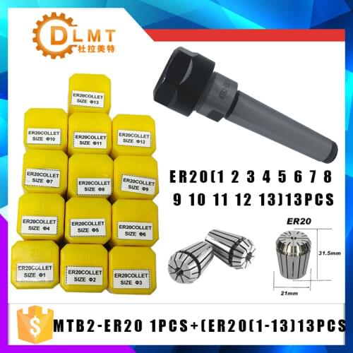 1PCS handle MT2 ER20 MTB2 ER20A M10 Morse#2 taper holder collet chuck+13pcs spring collet 1/2/3/4/5/6/7/8/9/10/11/12/13MM