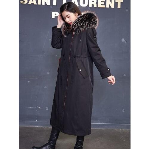 2019 womens new rex rabbit liner natural fur collar long outerwear over the knee length jackets trench hooded coat