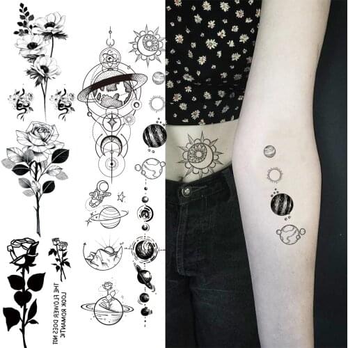 3D Realistic Universe Planet Arm Waist Temporary Tattoos For Women Adult Rose Flower Fake Tattoo Body Art Decoration Tatoo Paper