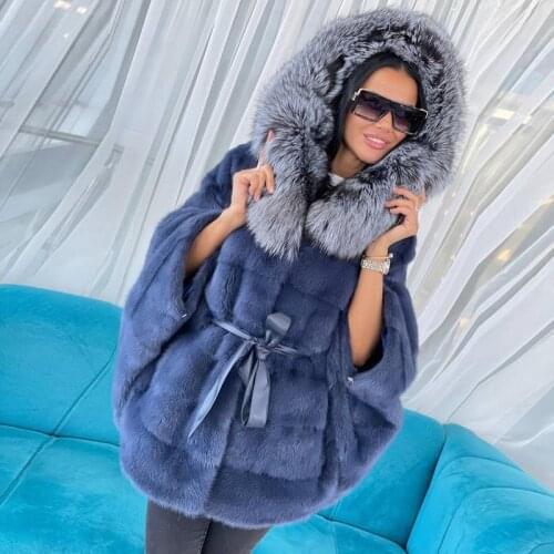 BFFUR 2021 Womens Real Fur Coat Winter Fashion Full Pelt Genuine Mink Fur Coat Big Silver Fox Fur Hood Stand Collar Mink Fur
