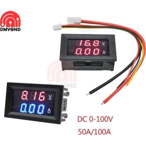 DC 0-100V 50A 100A 0.28" Mini Digital Voltmeter Ammeter 3 Bit 5 Wires Voltage Current Meter Tester Blue Red Dual LED Display 5V