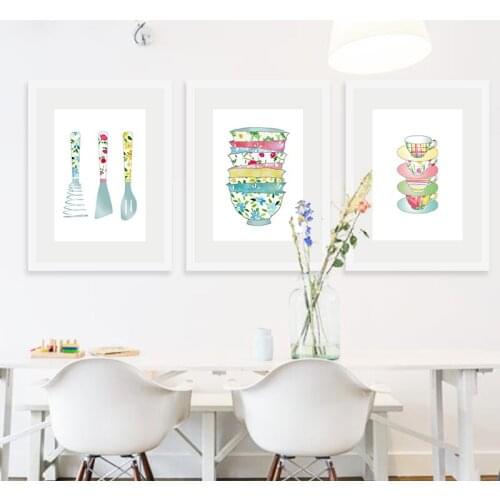 Nordic Style Kids Room Decor Posters Watercolor Flower Cup Dishes Canvas Painting Hd Print Wall Art Picture For Kitchen Room