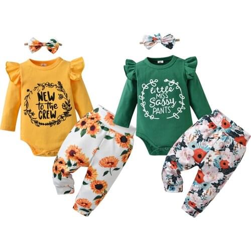 Twins Baby Outfits Clothing Sets For Girls Fly Sleeve Printed Newborns Triangle Romper Casual Flower Pants+Headband Infant Suit